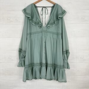 Asos Curve Sz 16 Ruffle Long‎ Sleeve Tiered Mini Dress Sage Green Flowy Romantic